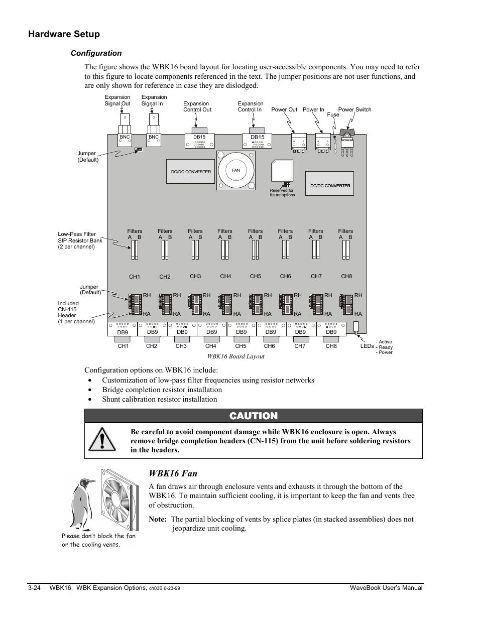Hardware setup, Configuration, Caution | Wbk16 fan | Measurement Computing WaveBook rev.3.0 User Manual | Page 56 / 236