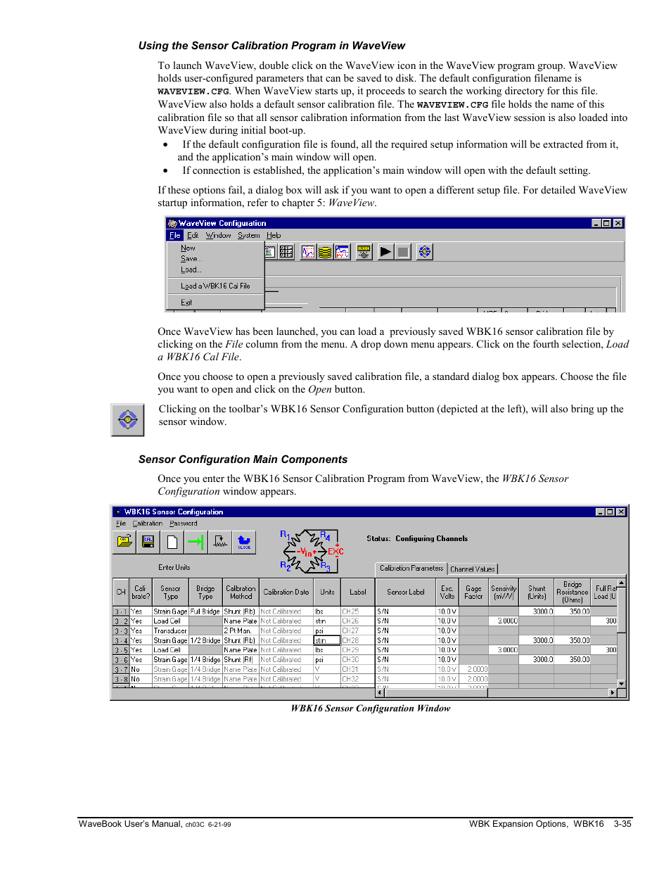 Using the sensor calibration program in waveview, Sensor configuration main components | Measurement Computing WaveBook rev.3.0 User Manual | Page 67 / 236