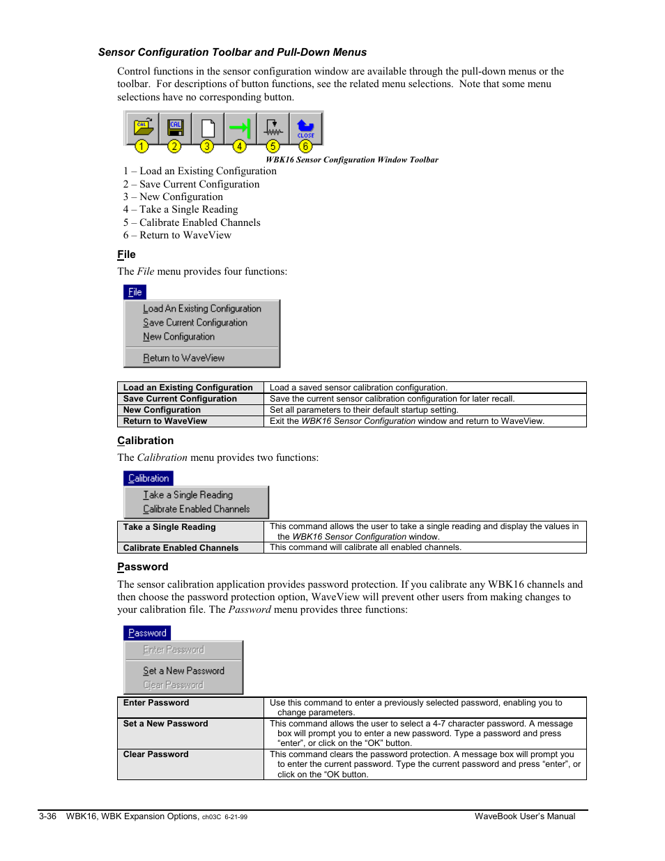 Sensor configuration toolbar and pull-down menus, File, Calibration | Password | Measurement Computing WaveBook rev.3.0 User Manual | Page 68 / 236