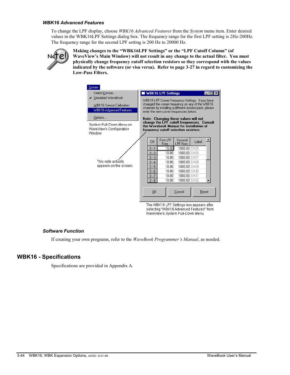 Wbk16 advanced features, Software function, Wbk16 - specifications | Measurement Computing WaveBook rev.3.0 User Manual | Page 76 / 236