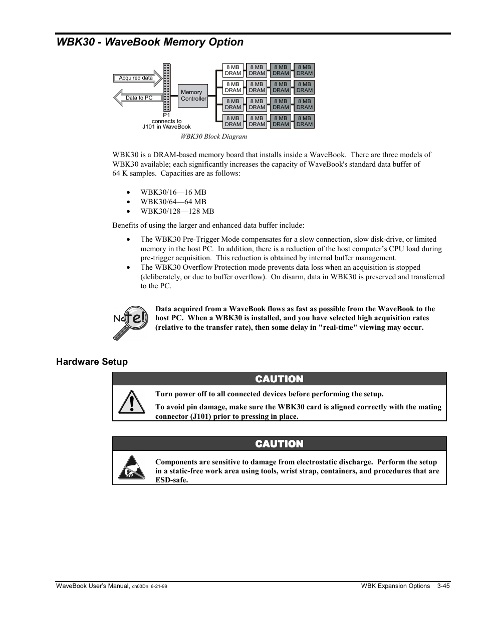 Wbk30 - wavebook memory option, Hardware setup, Hardware setup caution caution caution caution | Caution | Measurement Computing WaveBook rev.3.0 User Manual | Page 77 / 236