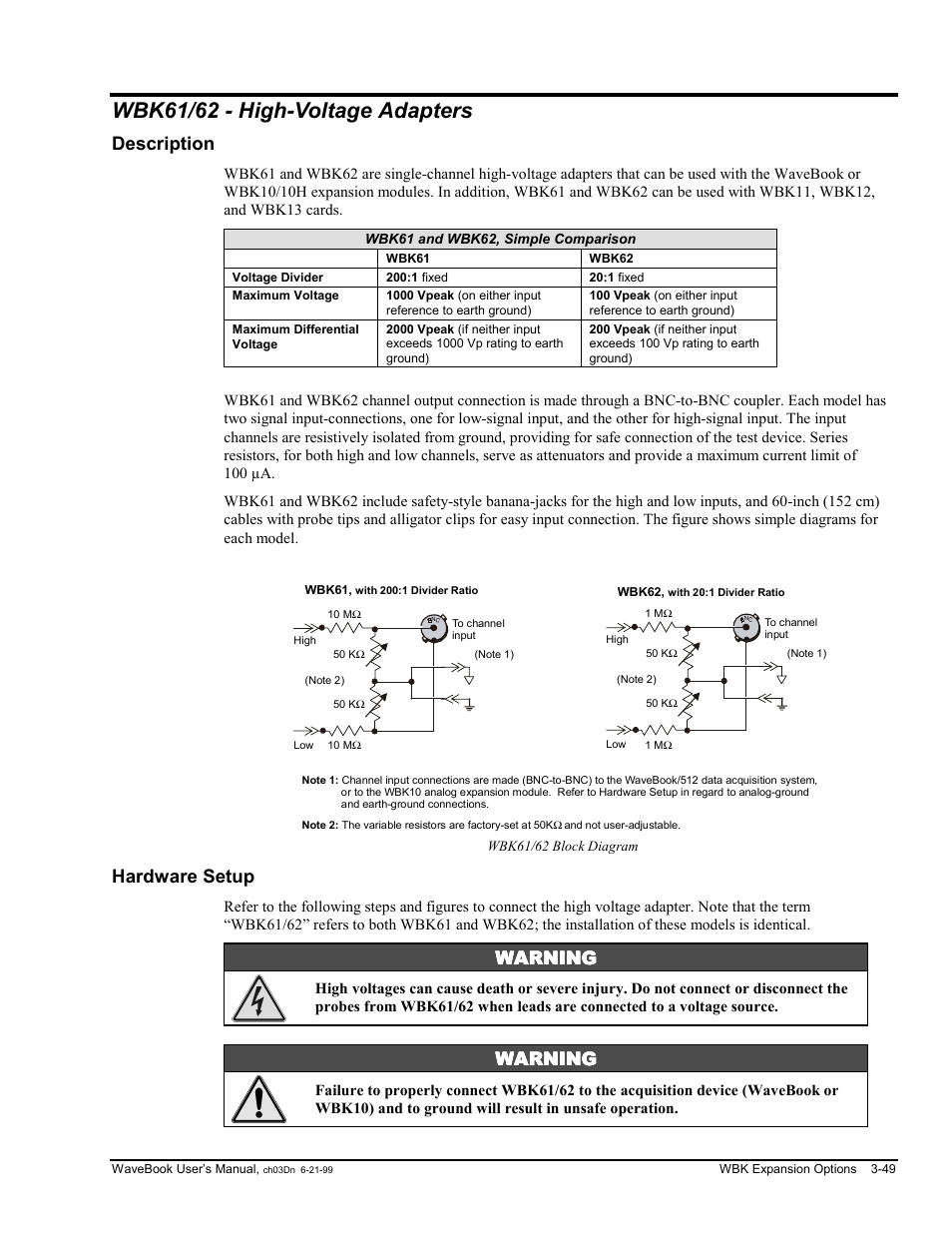 Wbk61/62 - high-voltage adapters, Hardware setup, Description | Warning | Measurement Computing WaveBook rev.3.0 User Manual | Page 81 / 236