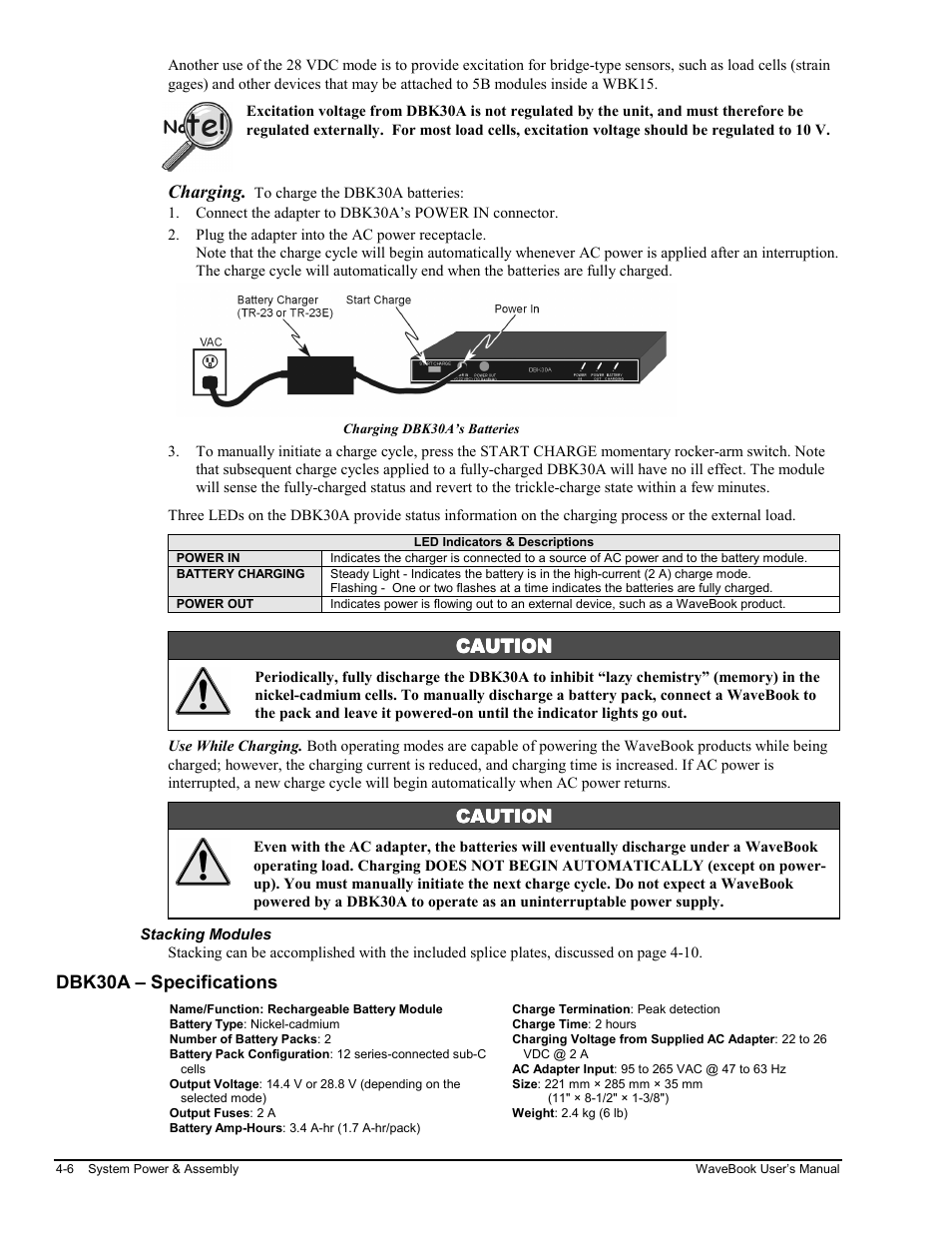 Stacking modules, Dbk30a – specifications, Bk30a - specifications…… 4-6 | Charging, Caution | Measurement Computing WaveBook rev.3.0 User Manual | Page 90 / 236