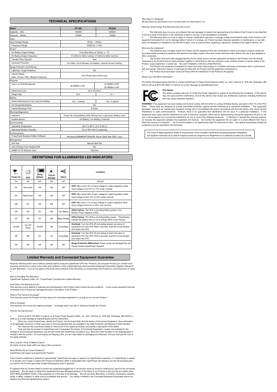 Limited warranty and connected equipment guarantee, Technical specifications, Definitions for illuminated led indicators | CyberPower Systems PP1500 User Manual | Page 2 / 2