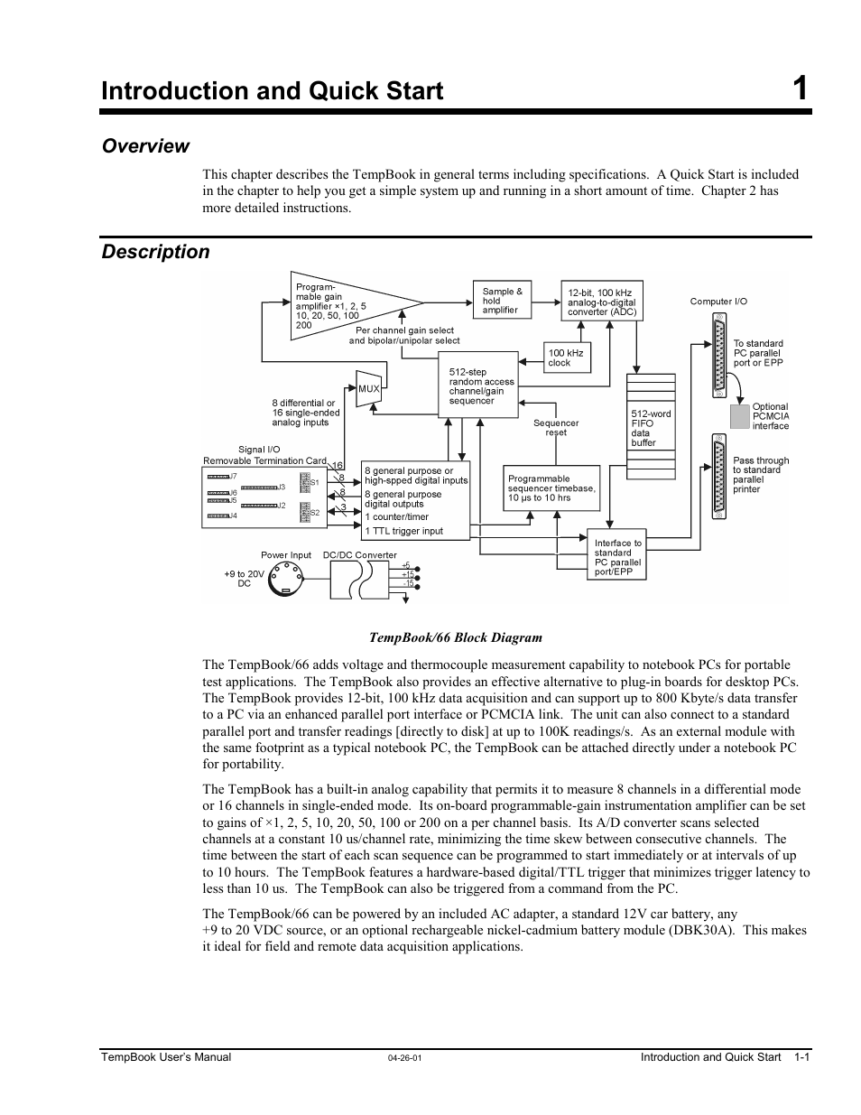 Chapter 1 - introduction and quick start, Overview, Description | Introduction and quick start | Measurement Computing TempBook rev.4.0 User Manual | Page 11 / 26