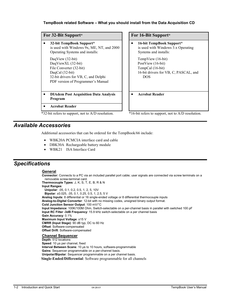 Available accessories, Specifications | Measurement Computing TempBook rev.4.0 User Manual | Page 12 / 26