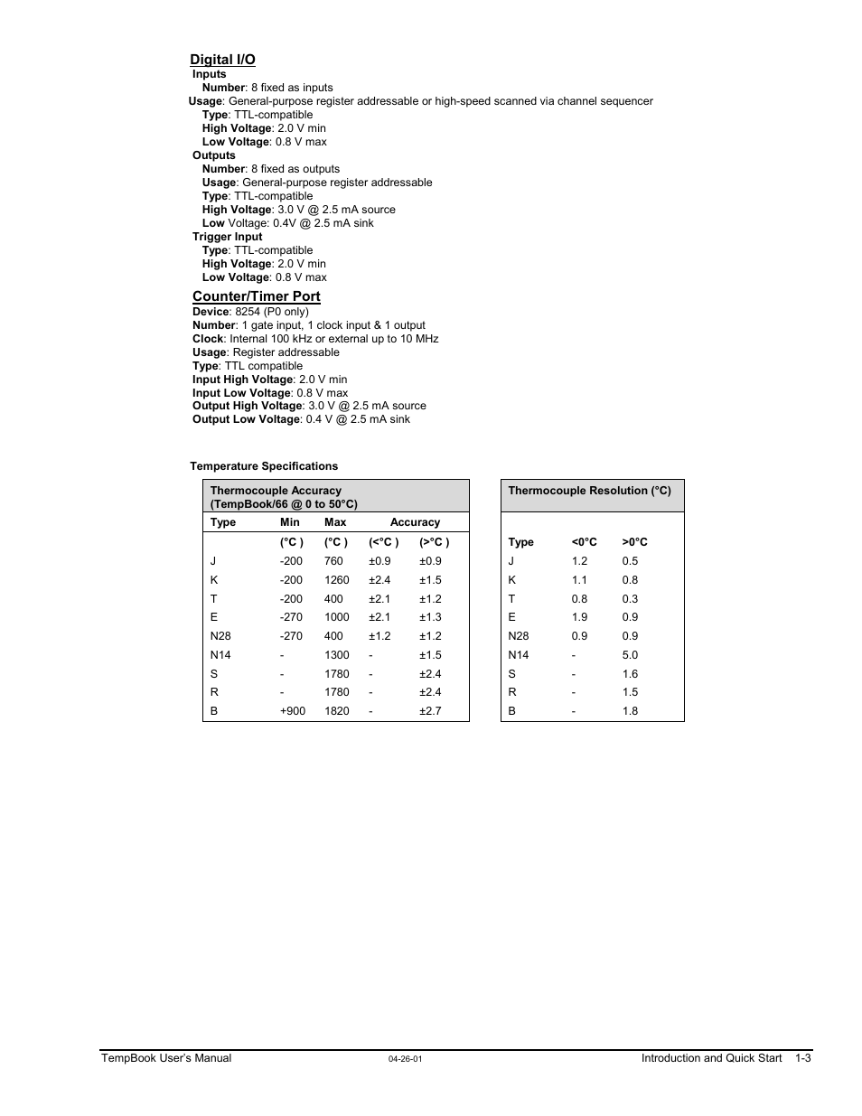 Temperature specifications | Measurement Computing TempBook rev.4.0 User Manual | Page 13 / 26