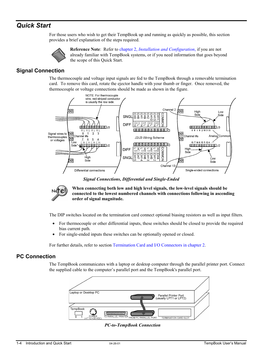Quick start, Signal connection, Pc connection | Measurement Computing TempBook rev.4.0 User Manual | Page 14 / 26
