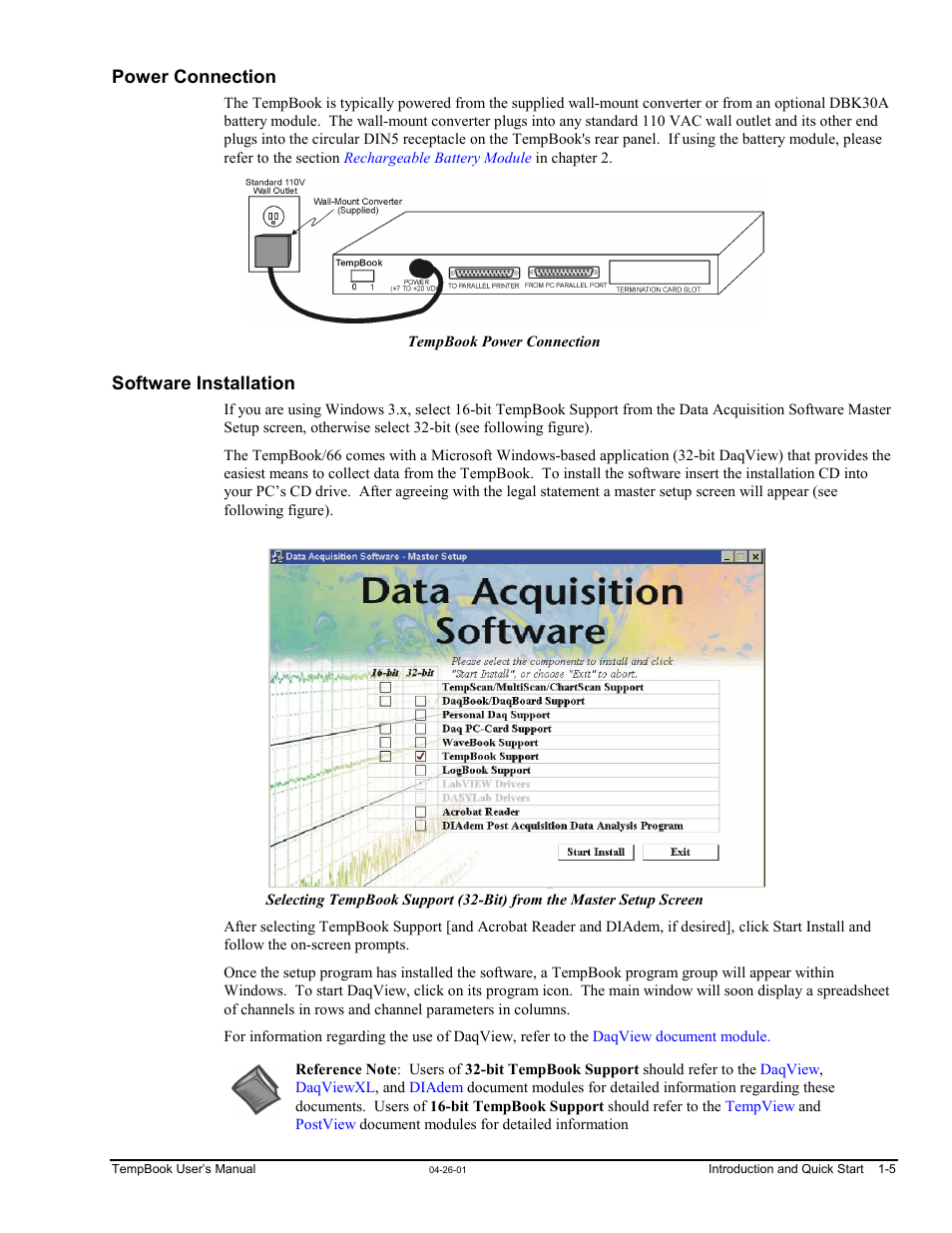 Power connection, Software installation | Measurement Computing TempBook rev.4.0 User Manual | Page 15 / 26