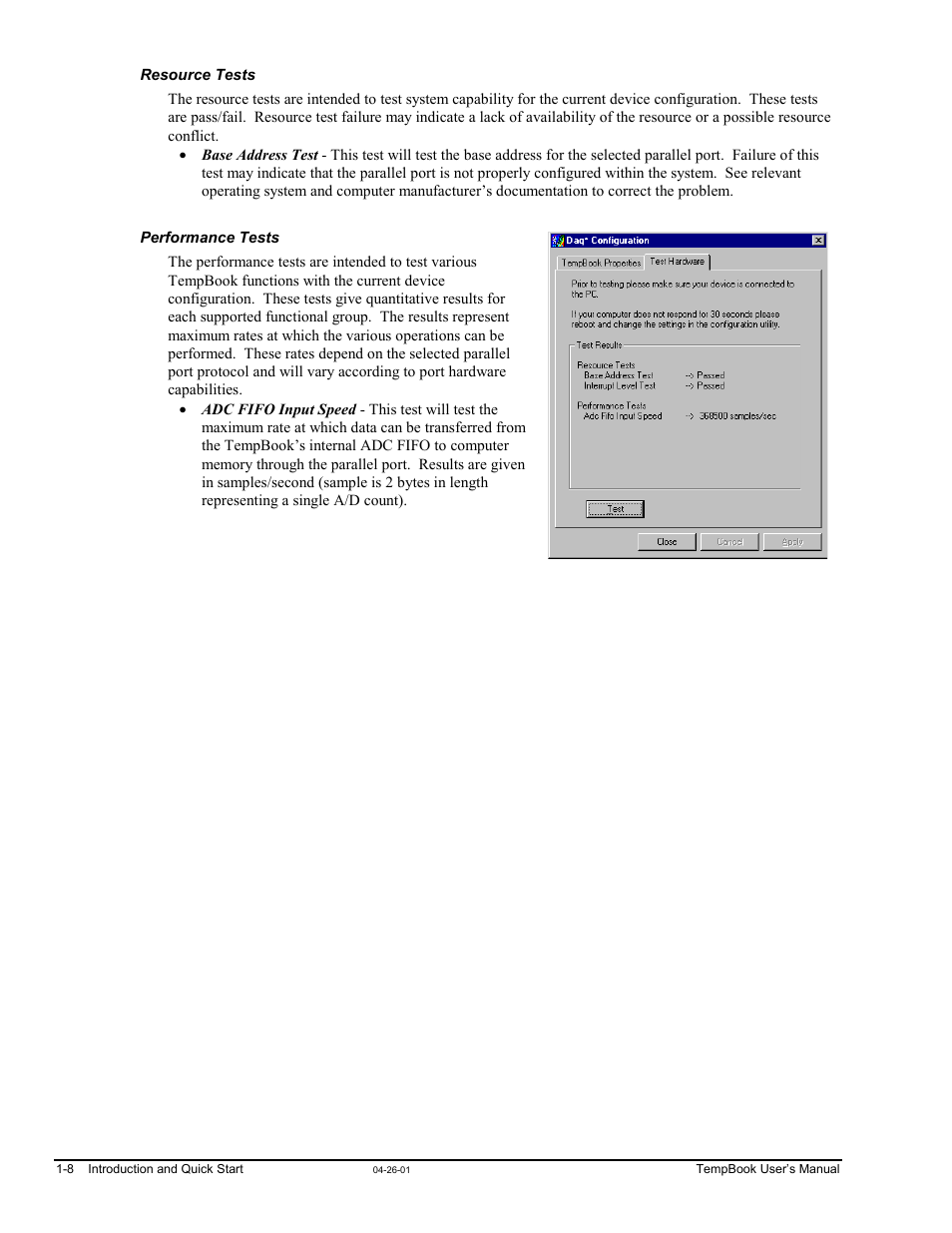 Resource tests, Performance tests | Measurement Computing TempBook rev.4.0 User Manual | Page 18 / 26
