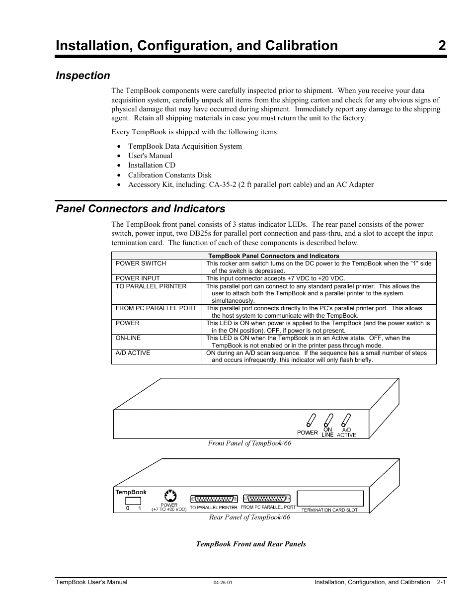 Inspection, Panel connectors and indicators, Chapter 2, installation and configuration | Installation, configuration, and calibration 2 | Measurement Computing TempBook rev.4.0 User Manual | Page 19 / 26