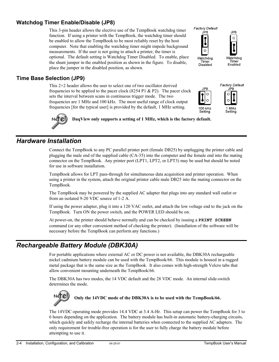 Watchdog timer enable/disable (jp8), Time base selection (jp9), Hardware installation | Rechargeable battery module (dbk30a) | Measurement Computing TempBook rev.4.0 User Manual | Page 22 / 26