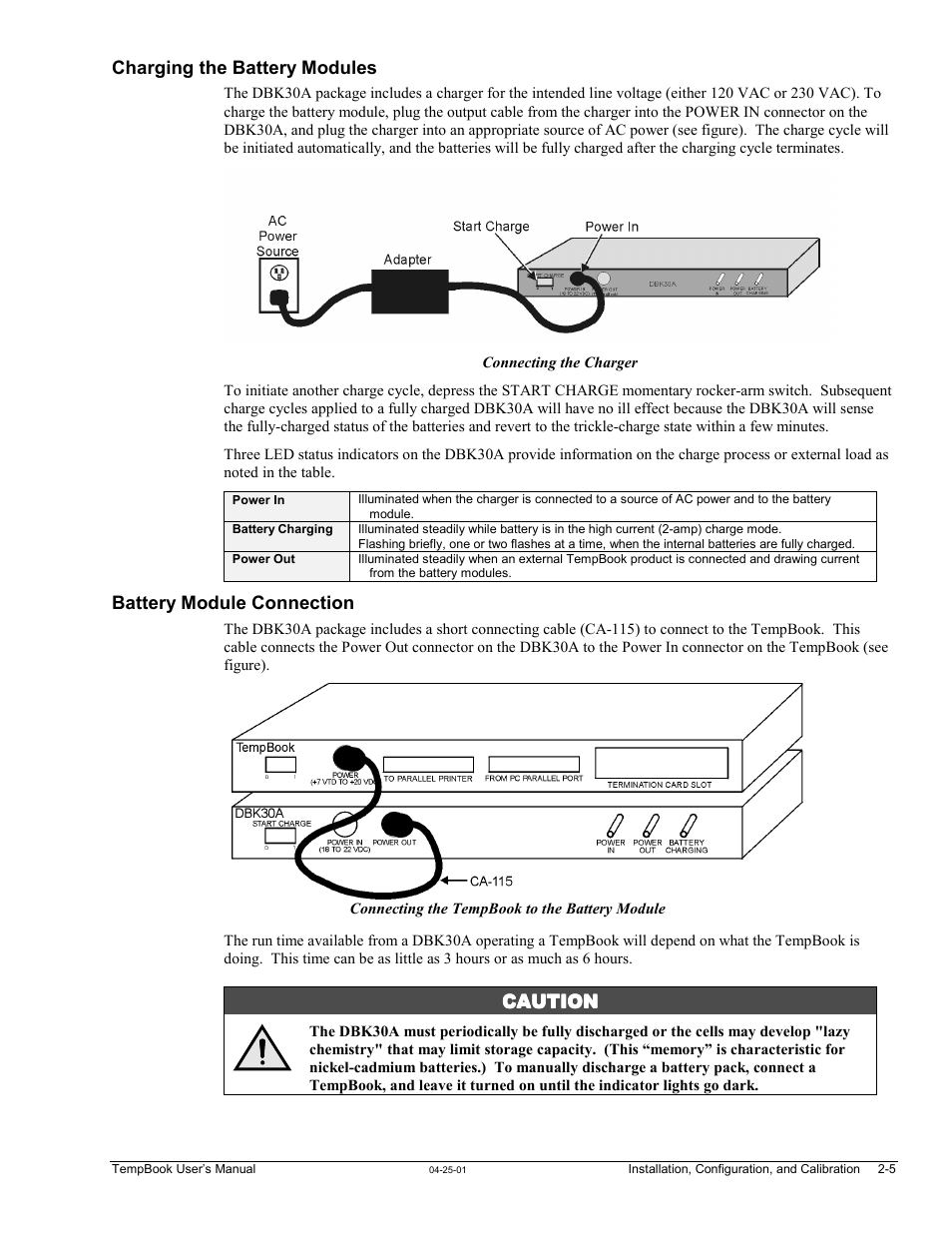 Charging the battery modules, Battery module connection, Caution | Measurement Computing TempBook rev.4.0 User Manual | Page 23 / 26
