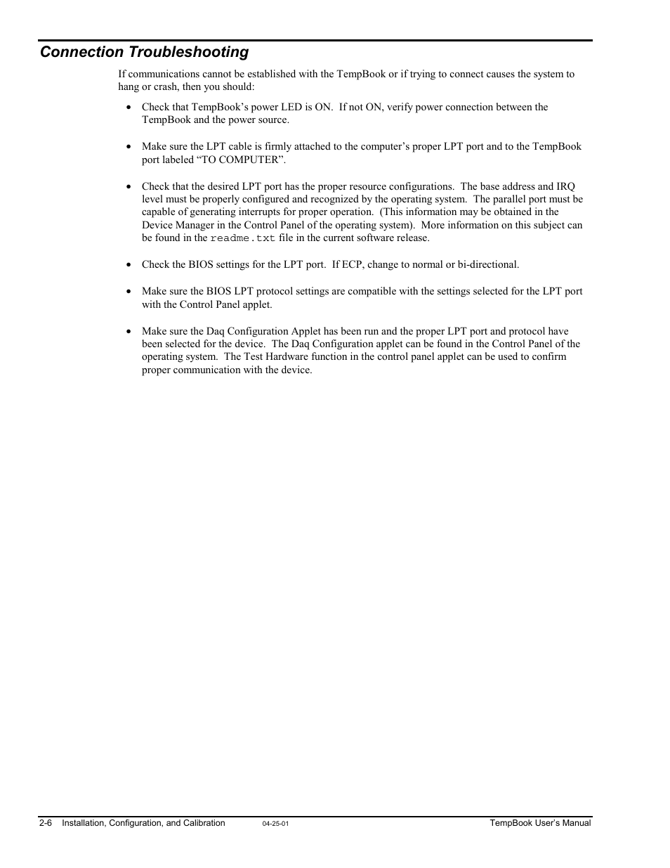 Connection troubleshooting | Measurement Computing TempBook rev.4.0 User Manual | Page 24 / 26