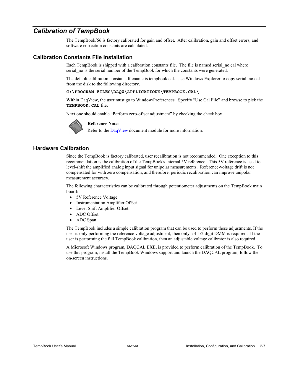 Calibration of tempbook, Calibration constants file installation, Hardware calibration | Measurement Computing TempBook rev.4.0 User Manual | Page 25 / 26