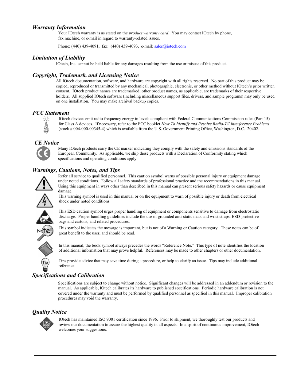 Warranty information, Warnings, cautions, notes, and tips | Measurement Computing TempBook rev.4.0 User Manual | Page 3 / 26