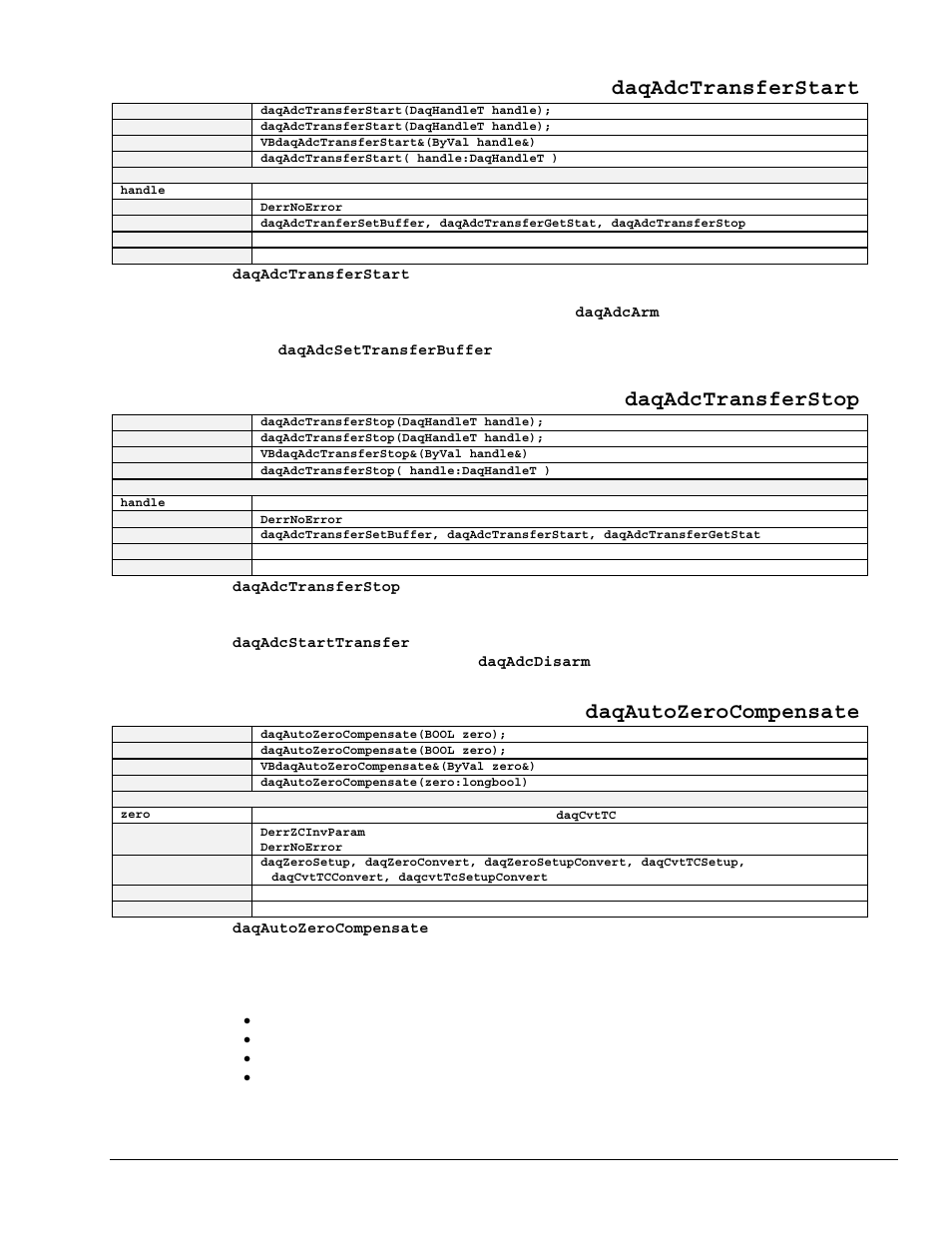 Daqadctransferstart, Daqadctransferstop, Daqautozerocompensate | Measurement Computing TempBook rev.3.0 User Manual | Page 143 / 166