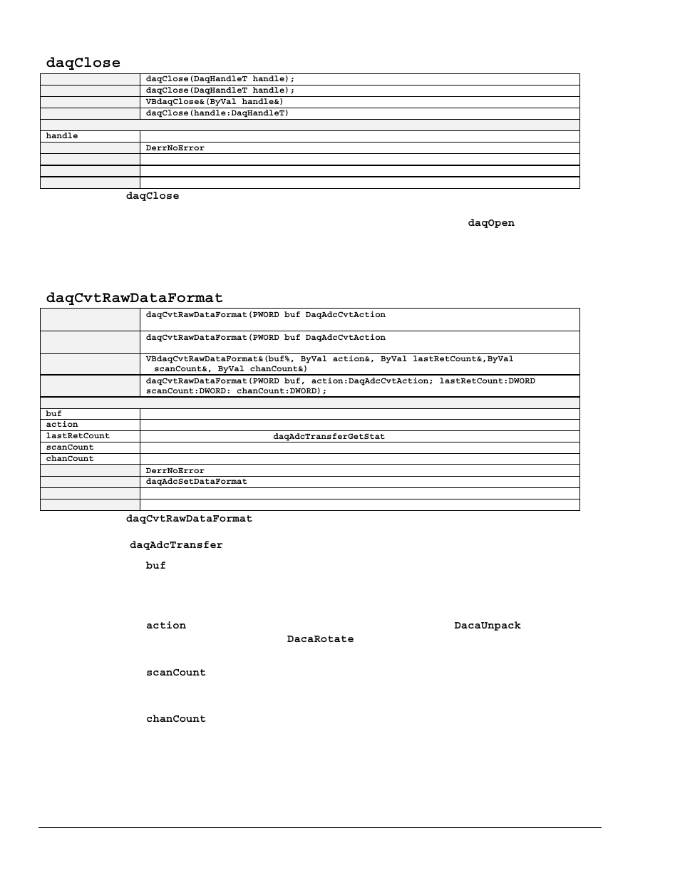 Daqclose, Daqcvtrawdataformat | Measurement Computing TempBook rev.3.0 User Manual | Page 144 / 166