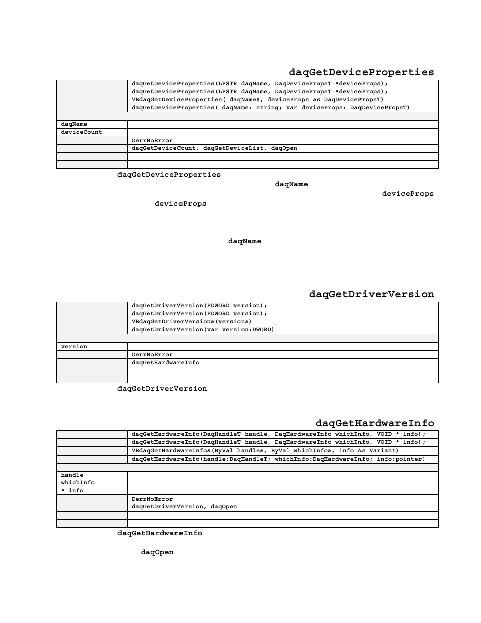 Daqgetdeviceproperties, Daqgetdriverversion, Daqgethardwareinfo | Measurement Computing TempBook rev.3.0 User Manual | Page 151 / 166