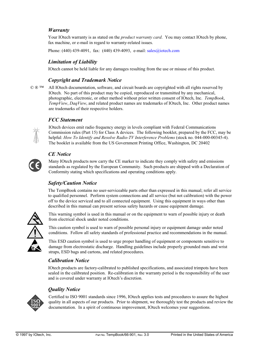 Warranty, Safety/caution notice | Measurement Computing TempBook rev.3.0 User Manual | Page 2 / 166