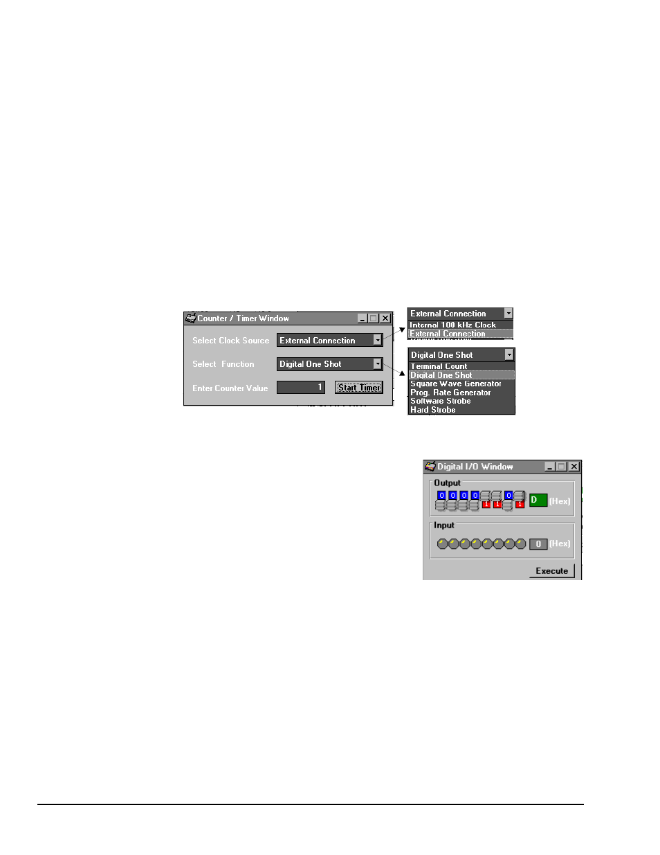 Counter/timer window, Digital i/o window, Charts and the spreadsheet's 