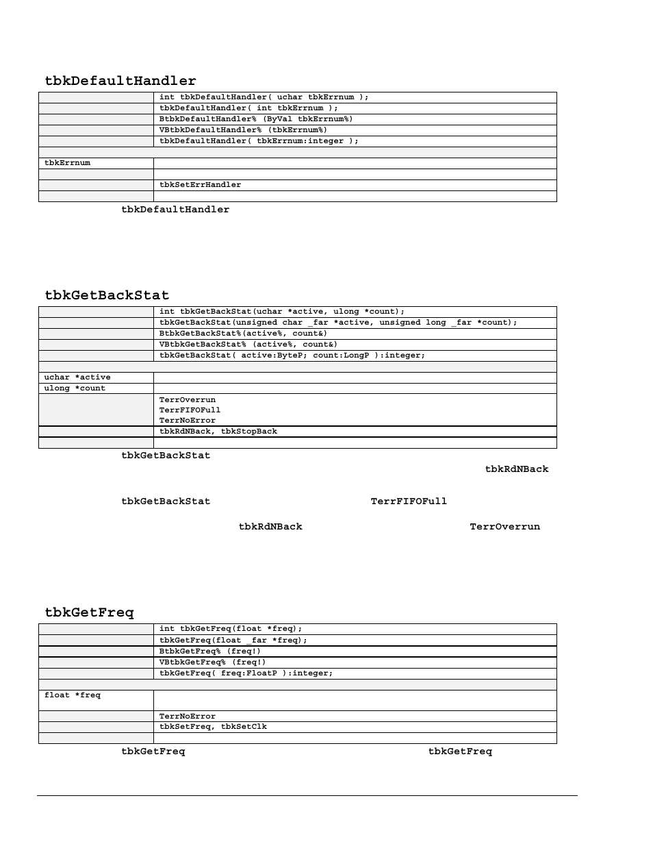 Tbkdefaulthandler, Tbkgetbackstat, Tbkgetfreq | Measurement Computing TempBook rev.3.0 User Manual | Page 66 / 166