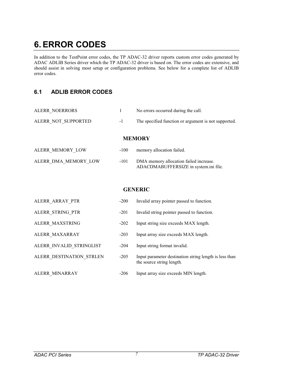 Error codes, 1 adlib error codes, Adlib error codes | Measurement Computing TP ADAC-32 rev.1.0 User Manual | Page 10 / 47