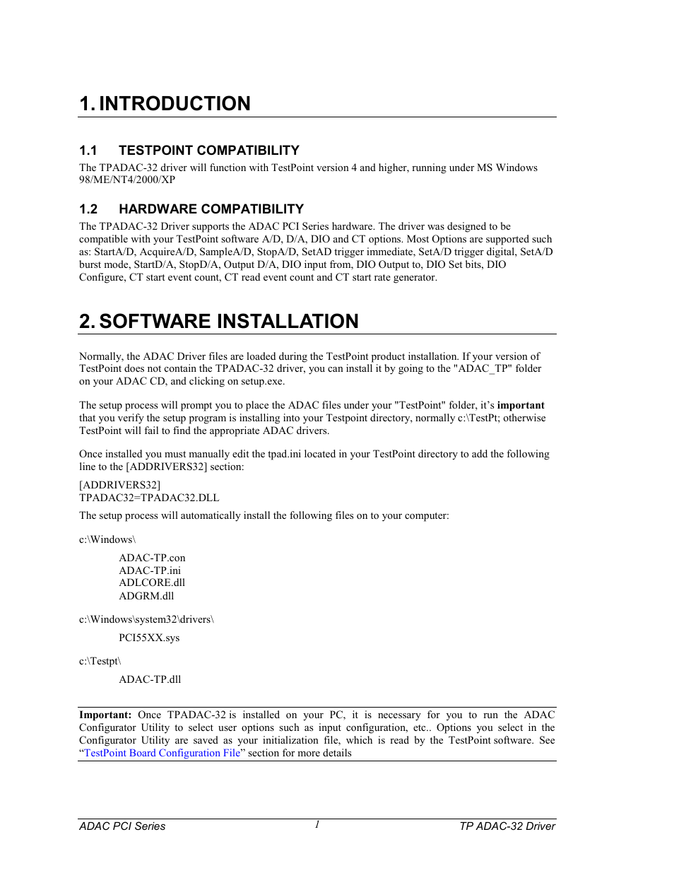 Introduction, 1 testpoint compatibility, 2 hardware compatibility | Software installation, Testpoint compatibility, Hardware compatibility | Measurement Computing TP ADAC-32 rev.1.0 User Manual | Page 4 / 47