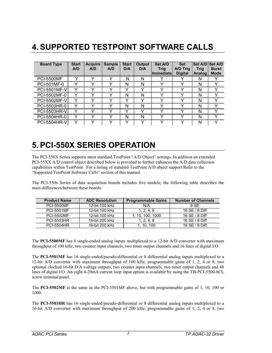 Supported testpoint software calls, Pci-550x series operation | Measurement Computing TP ADAC-32 rev.1.0 User Manual | Page 6 / 47