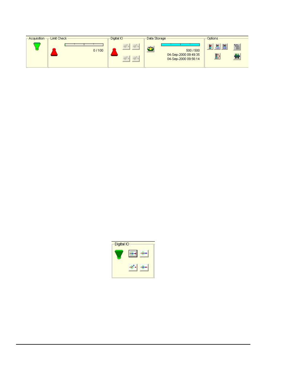 Gauge window – the lower panels, Acquisition panel, Limit check panel | Digital i/o panel | Measurement Computing eZ-TOMAS rev.11.0 User Manual | Page 12 / 94