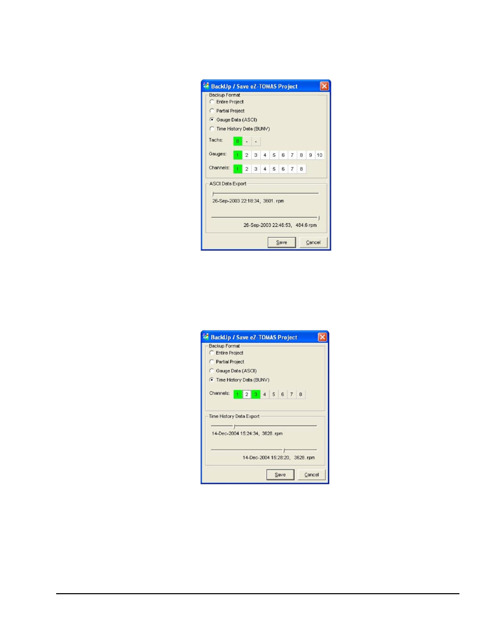Backup format – guage data (ascii), Backup format – time history data (bunv) | Measurement Computing eZ-TOMAS rev.11.0 User Manual | Page 27 / 94