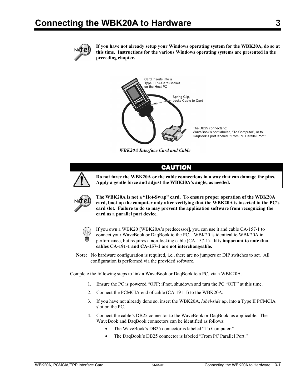 Ch 3 - connecting the wbk20a to hardware, Ch 3 - connecting the wbk20a to hardware …… 3-1, Connecting the wbk20a to hardware 3 | Measurement Computing WBK20A User Manual | Page 21 / 38