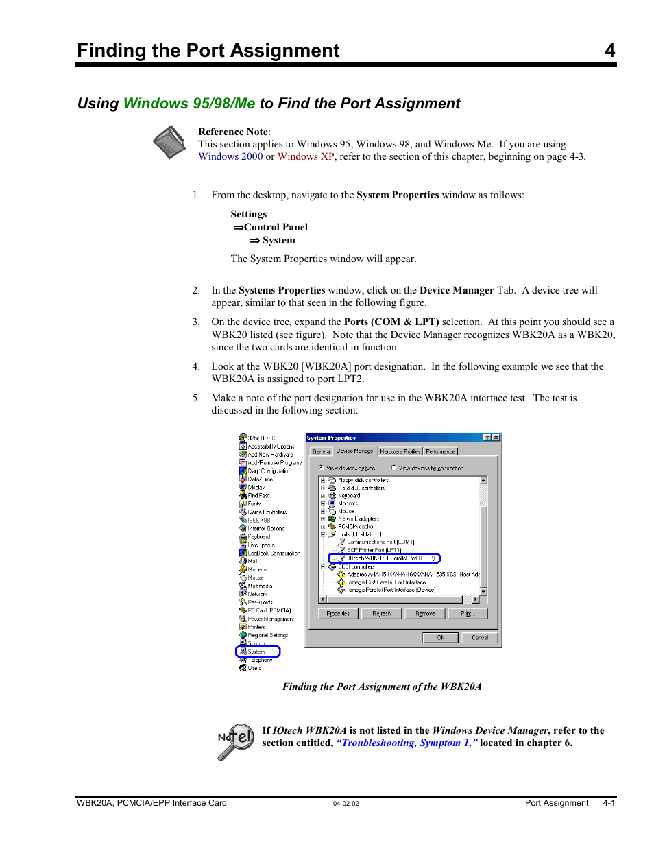 Ch 4 - finding the port assignment, Windows 95/98/me, Ch 4 - finding the port assignment …… 4-1 | Windows 95, windows 98, and windows me ……. 4-1, Apter 4, Finding the port assignment, Finding the port assignment 4, Using windows 95/98/me to find the port assignment | Measurement Computing WBK20A User Manual | Page 23 / 38