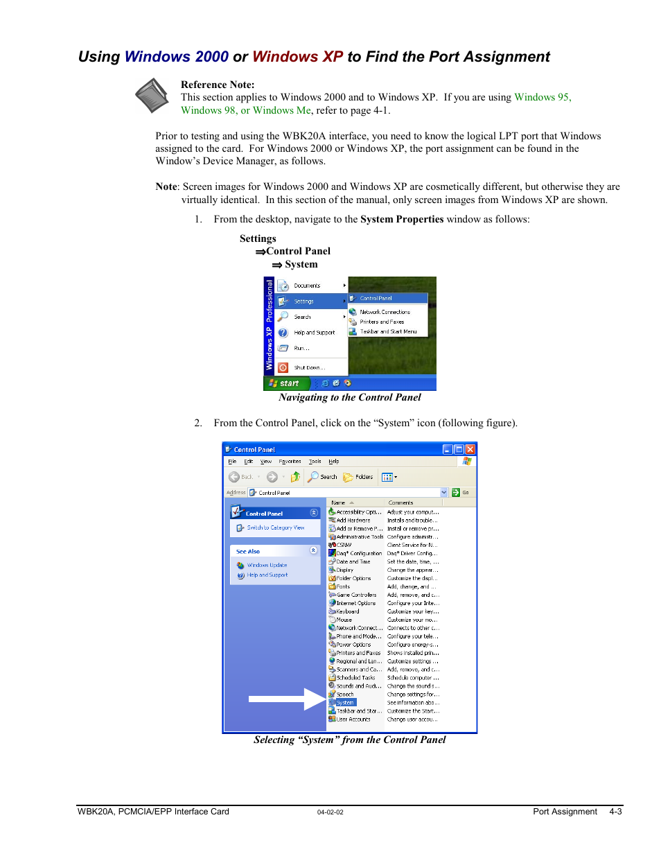 Windows 2000 and windows xp, Windows 2000, Windows xp …… 4-3 | Windows xp | Measurement Computing WBK20A User Manual | Page 25 / 38