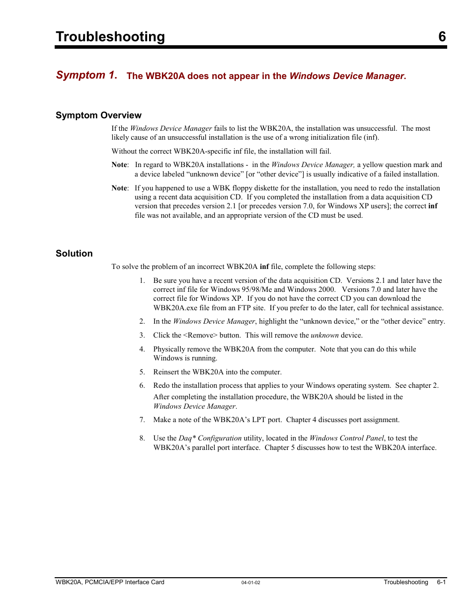 Ch 6 - troubleshooting, Ch 6 – troubleshooting …… 6-1, Troubleshooting, symptom 1 | Section of chapter 6, Ection entitled, Located in chapter 6, Troubleshooting 6, Symptom 1 | Measurement Computing WBK20A User Manual | Page 33 / 38