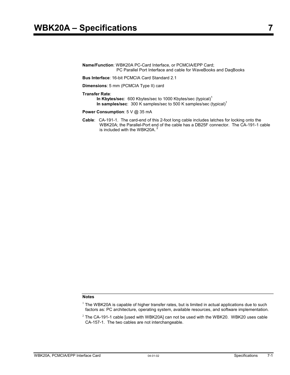 Ch 7 - wbk20a specifications, Wbk20a – specifications 7 | Measurement Computing WBK20A User Manual | Page 37 / 38