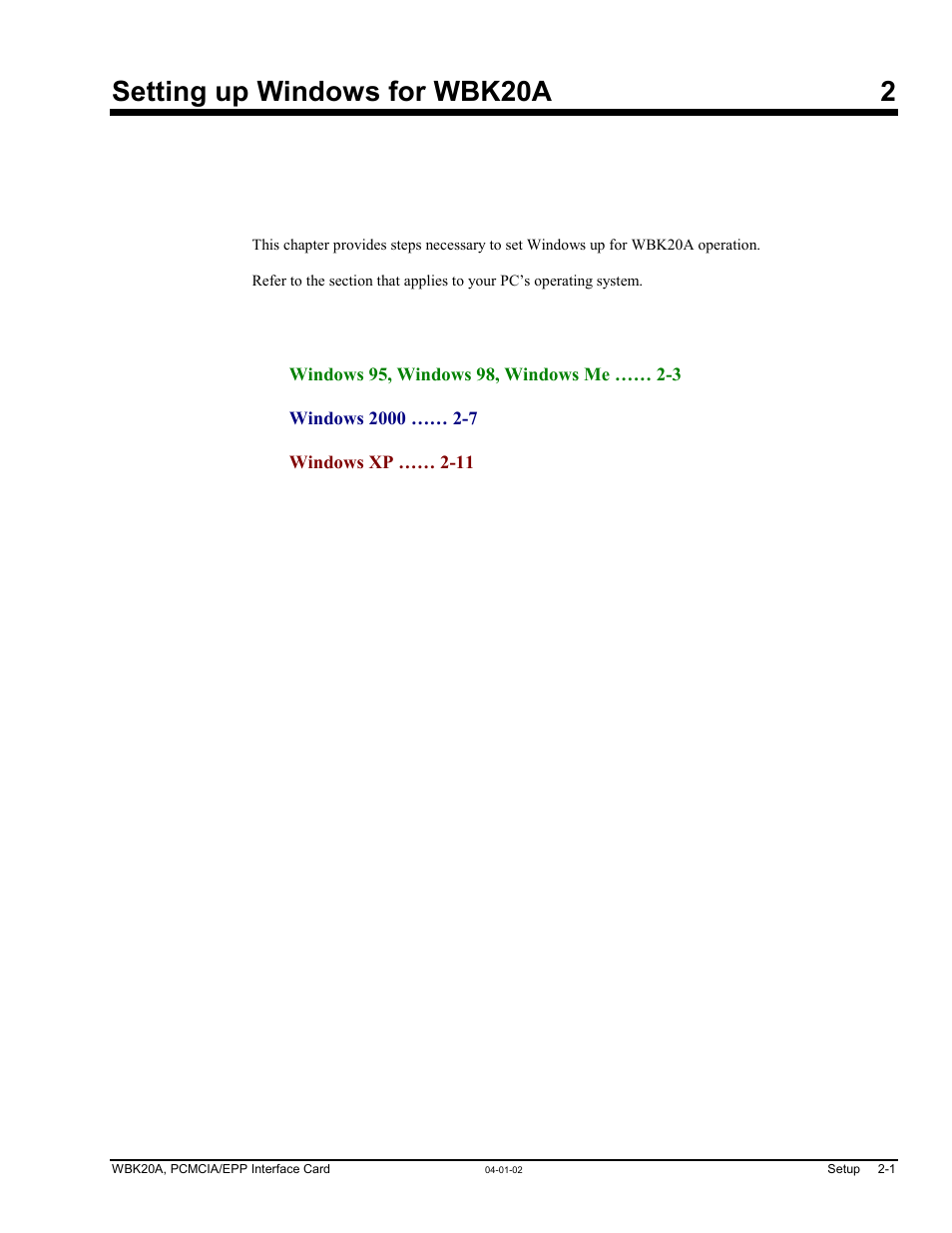 Ch 2 - setting up windows for wbk20a, Ch 2 – setting up windows for wbk20a …… 2-1, Setting up windows for wbk20a 2 | Measurement Computing WBK20A User Manual | Page 7 / 38