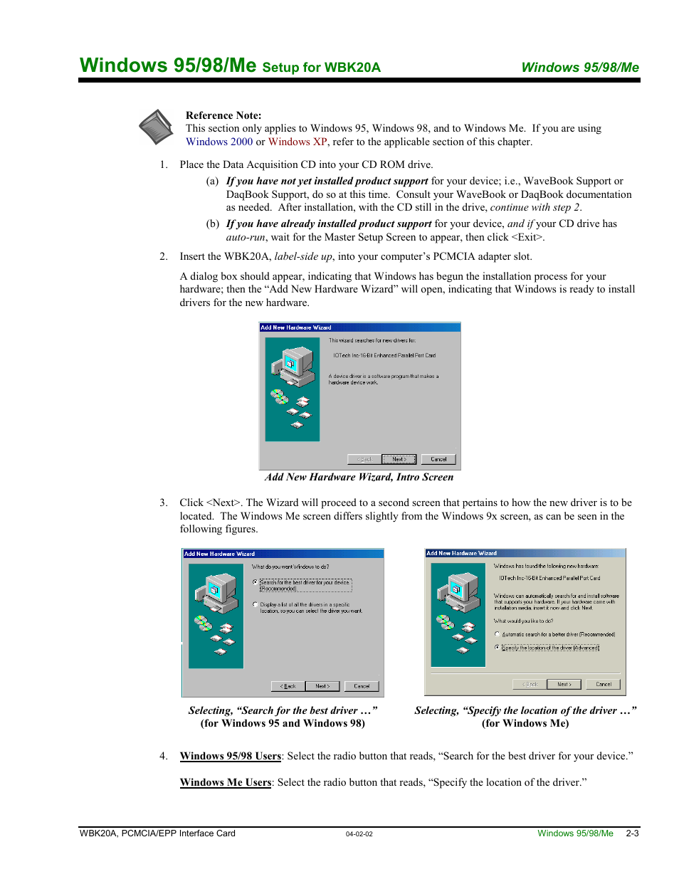 Windows 95/98/me, Windows 95, windows 98, and windows me …… 2-3 | Measurement Computing WBK20A User Manual | Page 9 / 38
