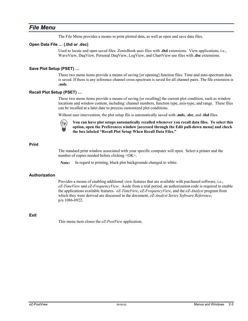 File menu, Open data file … (.thd or .dsc), Save plot setup (pset) | Recall plot setup (pset), Print, Authorization, Exit, File menu …… 2-3 | Measurement Computing eZ-PostView rev.2.0 User Manual | Page 14 / 144