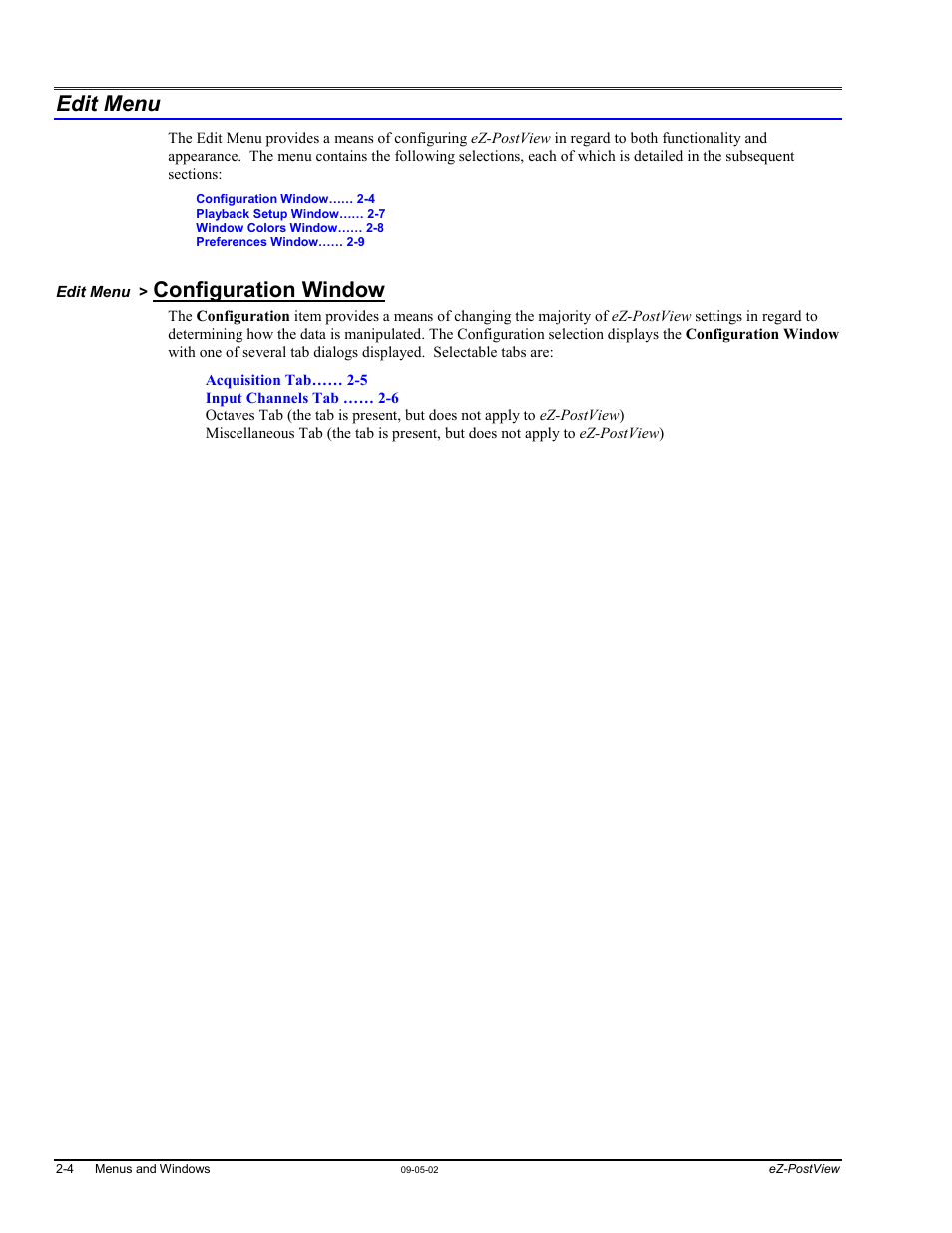 Edit menu, Edit menu > configuration window, Edit menu …… 2-4 | Configuration window …… 2-4, Configuration window | Measurement Computing eZ-PostView rev.2.0 User Manual | Page 15 / 144