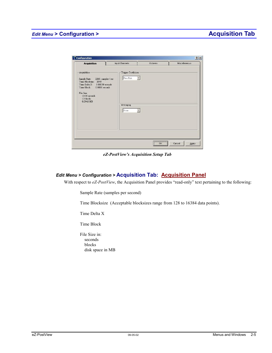 Edit menu > configuration > acquisition tab, Acquisition tab…… 2-5, Acquisition tab | Measurement Computing eZ-PostView rev.2.0 User Manual | Page 16 / 144