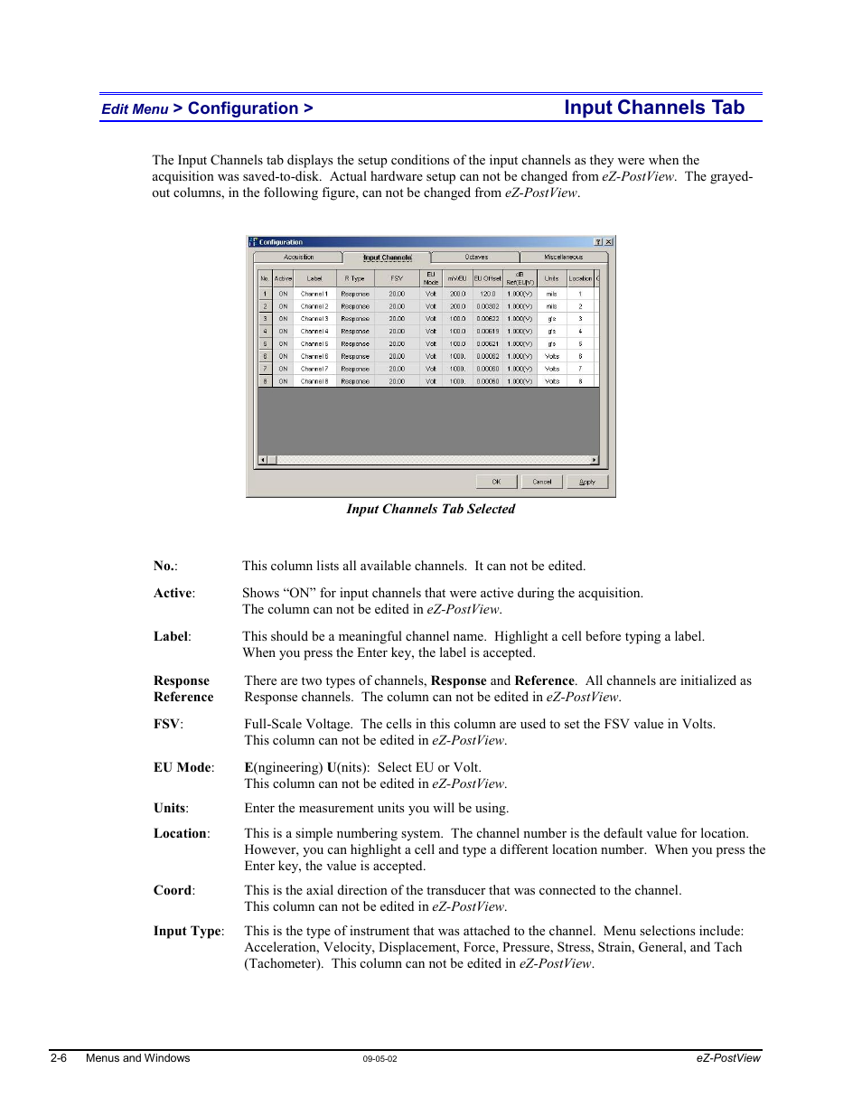 Edit menu > configuration > input channels tab, Input channels tab …… 2-6, Input | Channels tab | Measurement Computing eZ-PostView rev.2.0 User Manual | Page 17 / 144