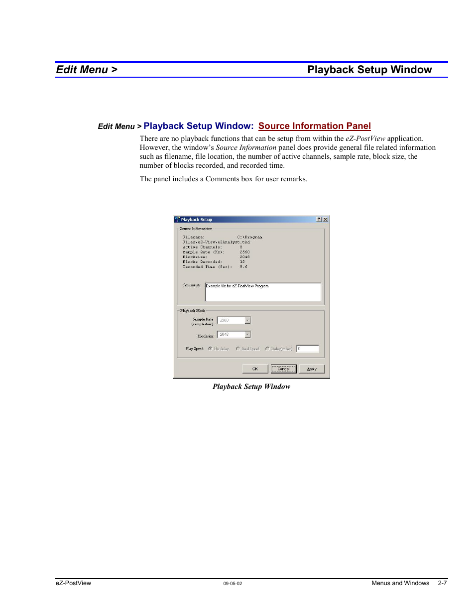 Edit menu > playback setup window, Playback setup window …… 2-7, Playback setup window…… 2-7 | Measurement Computing eZ-PostView rev.2.0 User Manual | Page 18 / 144