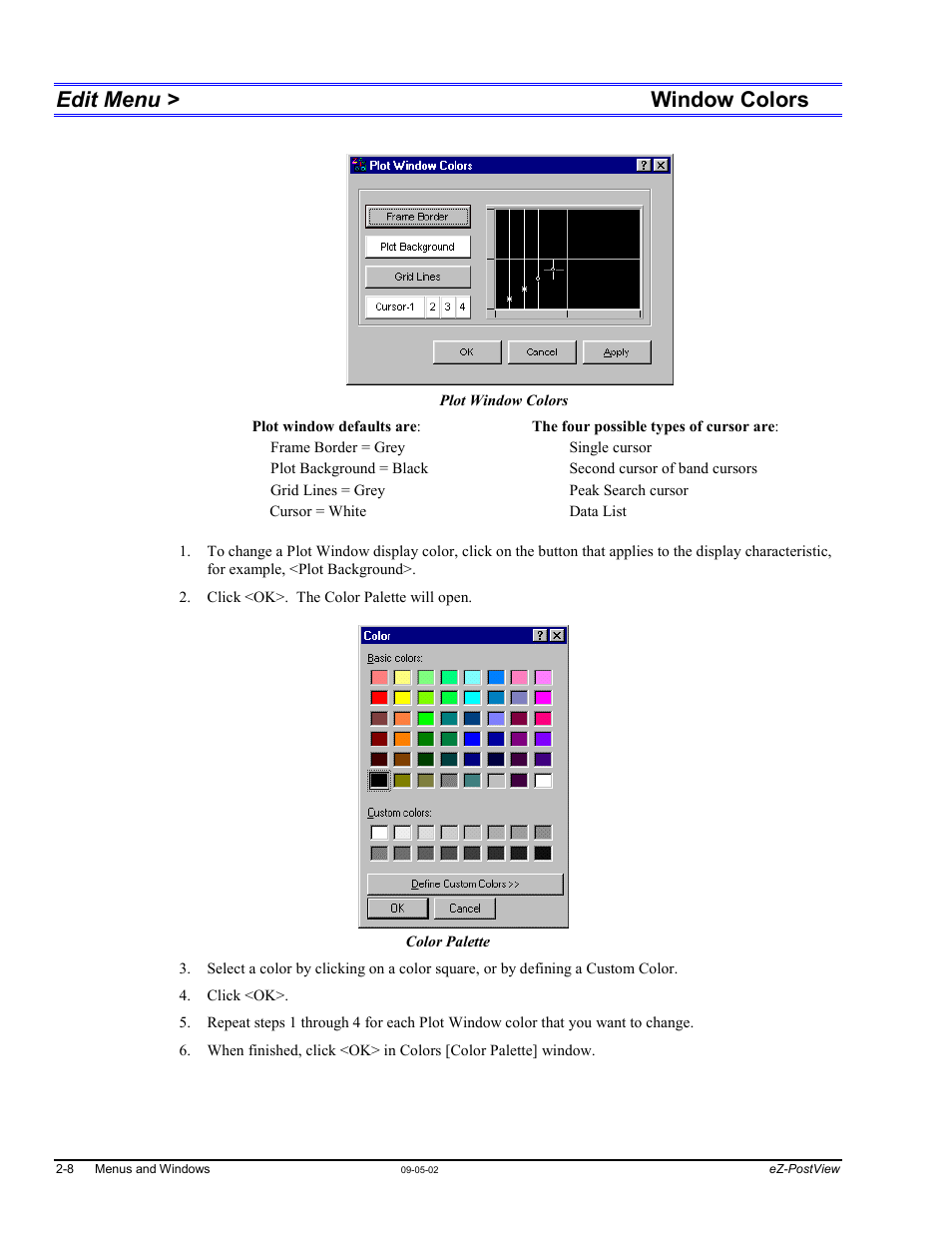 Edit menu > window colors, Window colors window…… 2-8 | Measurement Computing eZ-PostView rev.2.0 User Manual | Page 19 / 144