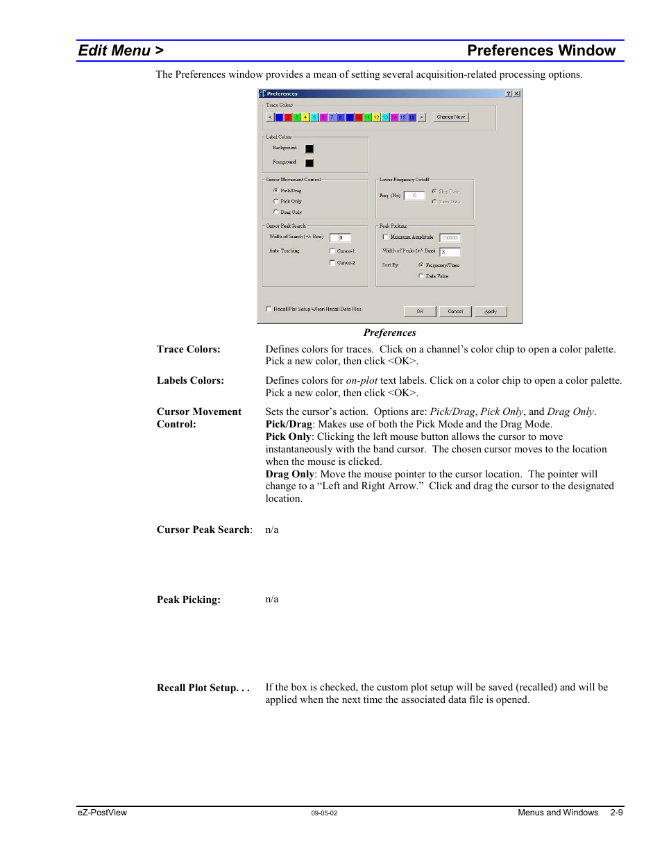 Edit menu > preferences window, Preferences window …… 2-9, Preferences window…… 2-9 | Measurement Computing eZ-PostView rev.2.0 User Manual | Page 20 / 144
