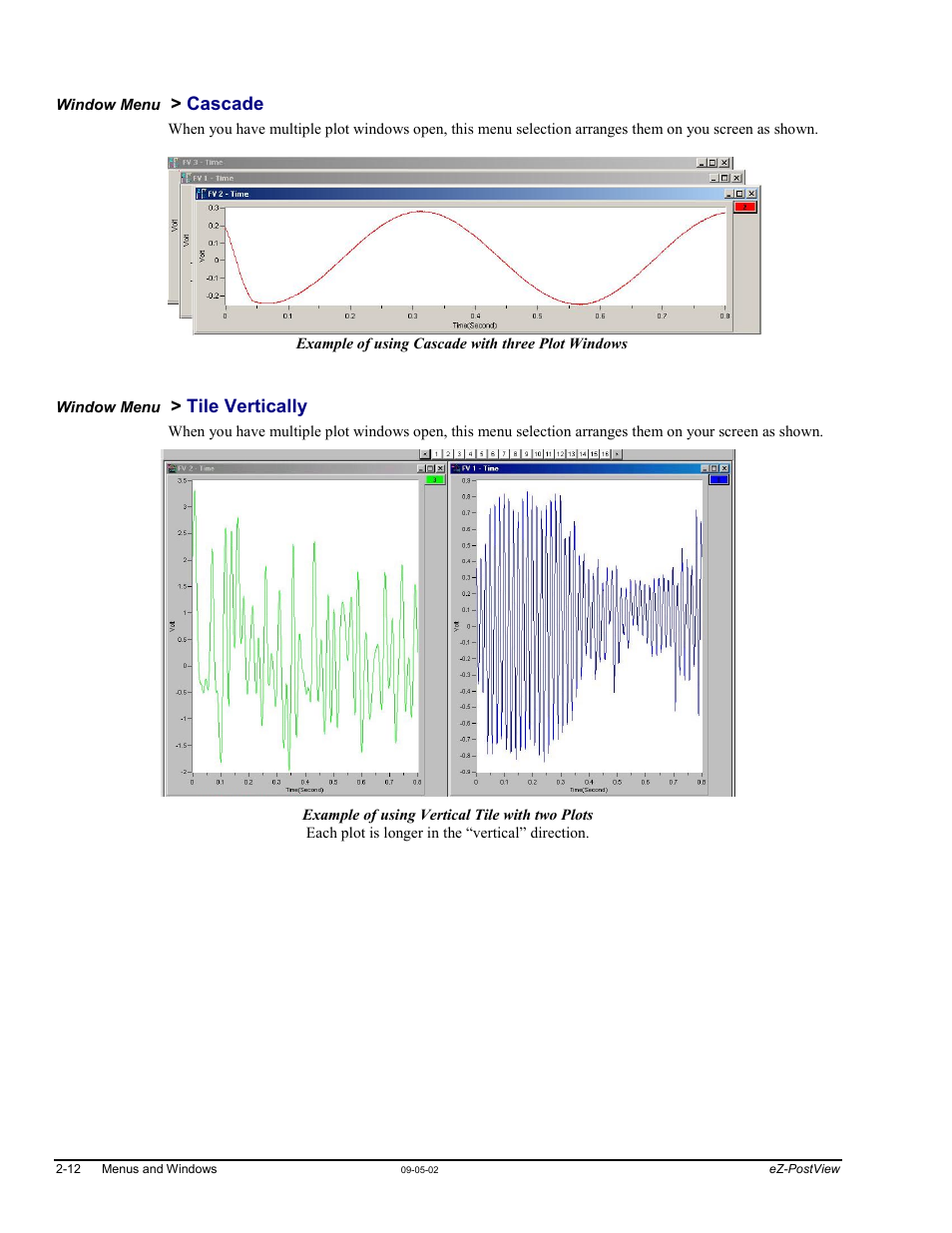 Window menu > cascade, Window menu > tile vertically, Cascade …… 2-12 tile vertically …… 2-12 | Measurement Computing eZ-PostView rev.2.0 User Manual | Page 23 / 144