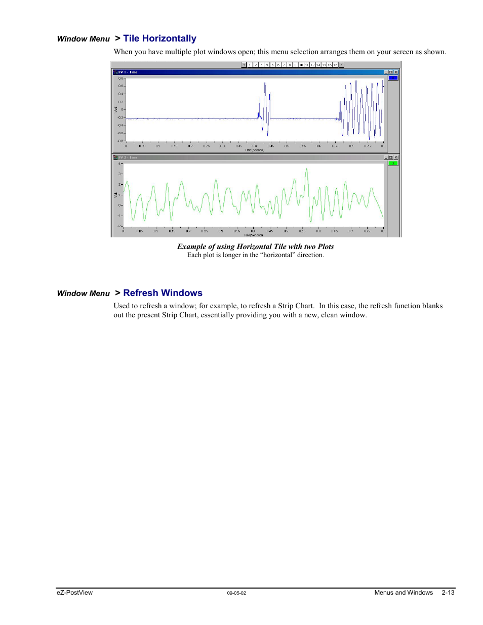 Window menu > tile horizontally, Window menu > refresh windows, Tile horizontally …… 2-13 refresh windows …… 2-13 | Measurement Computing eZ-PostView rev.2.0 User Manual | Page 24 / 144