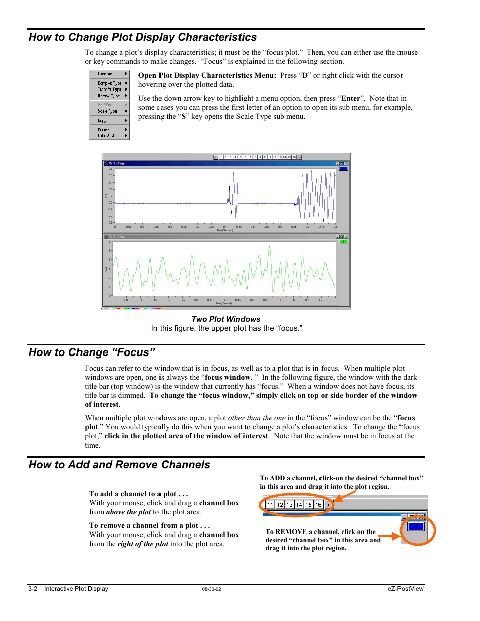 How to change plot display characteristics, How to change “focus, How to add and remove channels | Measurement Computing eZ-PostView rev.2.0 User Manual | Page 27 / 144