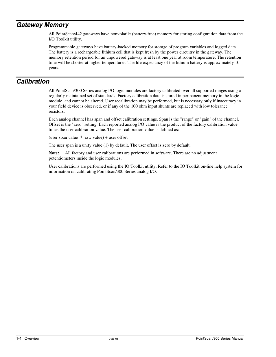 Gateway memory, Calibration, Gateway memory …… 1-4 calibration -4 | Measurement Computing PointScan 300 Series rev.1.0 User Manual | Page 10 / 42