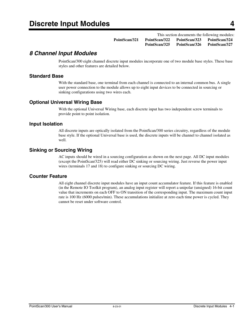 Ch 4 - discrete input modules, 8 channel input modules, Standard base | Optional universal wiring base, Input isolation, Sinking or sourcing wiring, Counter feature, 4 - discrete input modules, 8 channel input modules -1, Discrete input modules 4 | Measurement Computing PointScan 300 Series rev.1.0 User Manual | Page 17 / 42